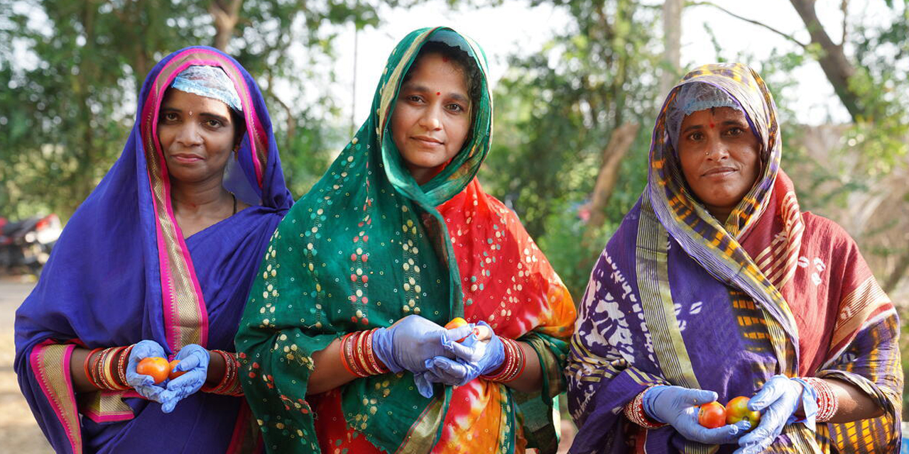 Photo showing women with food dried using solar driers, in Odisha state, India. Solar 4 Resilience is a joint project between WFP, the Government of Odisha and S4S Technologies.